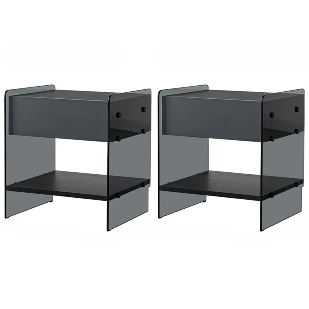 Table de chevet étroite avec étagère en verre noir à 2 niveaux et tiroir de rangement
