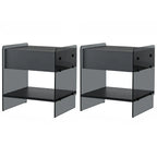 Table de chevet étroite avec étagère en verre noir à 2 niveaux et tiroir de rangement