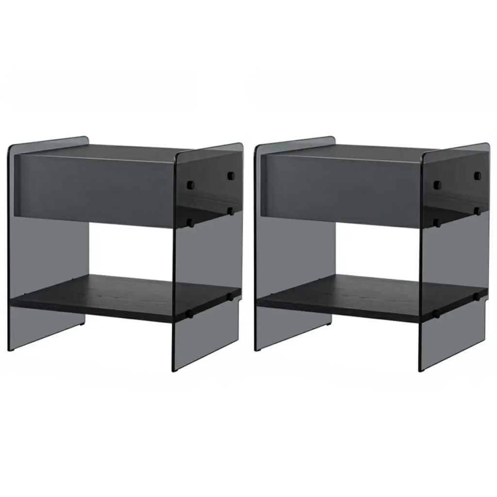 Table de chevet étroite avec étagère en verre noir à 2 niveaux et tiroir de rangement