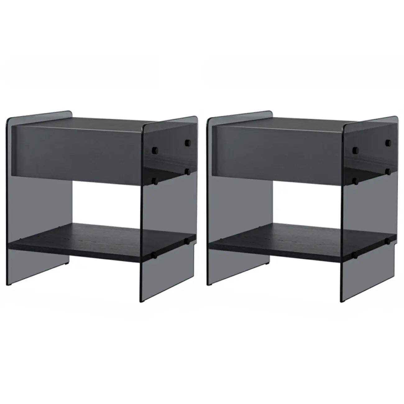 Table de chevet étroite avec étagère en verre noir à 2 niveaux et tiroir de rangement