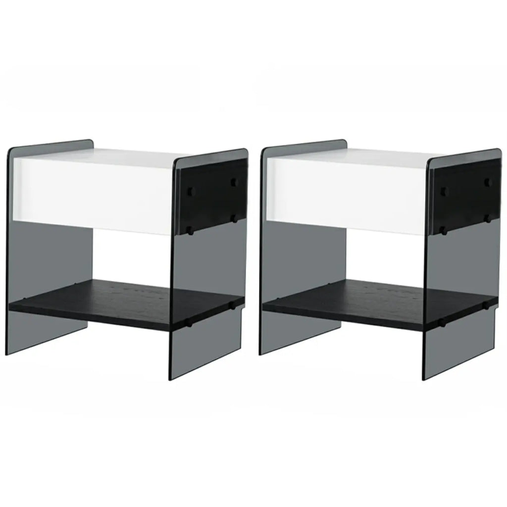Table de chevet étroite avec étagère en verre noir à 2 niveaux et tiroir de rangement
