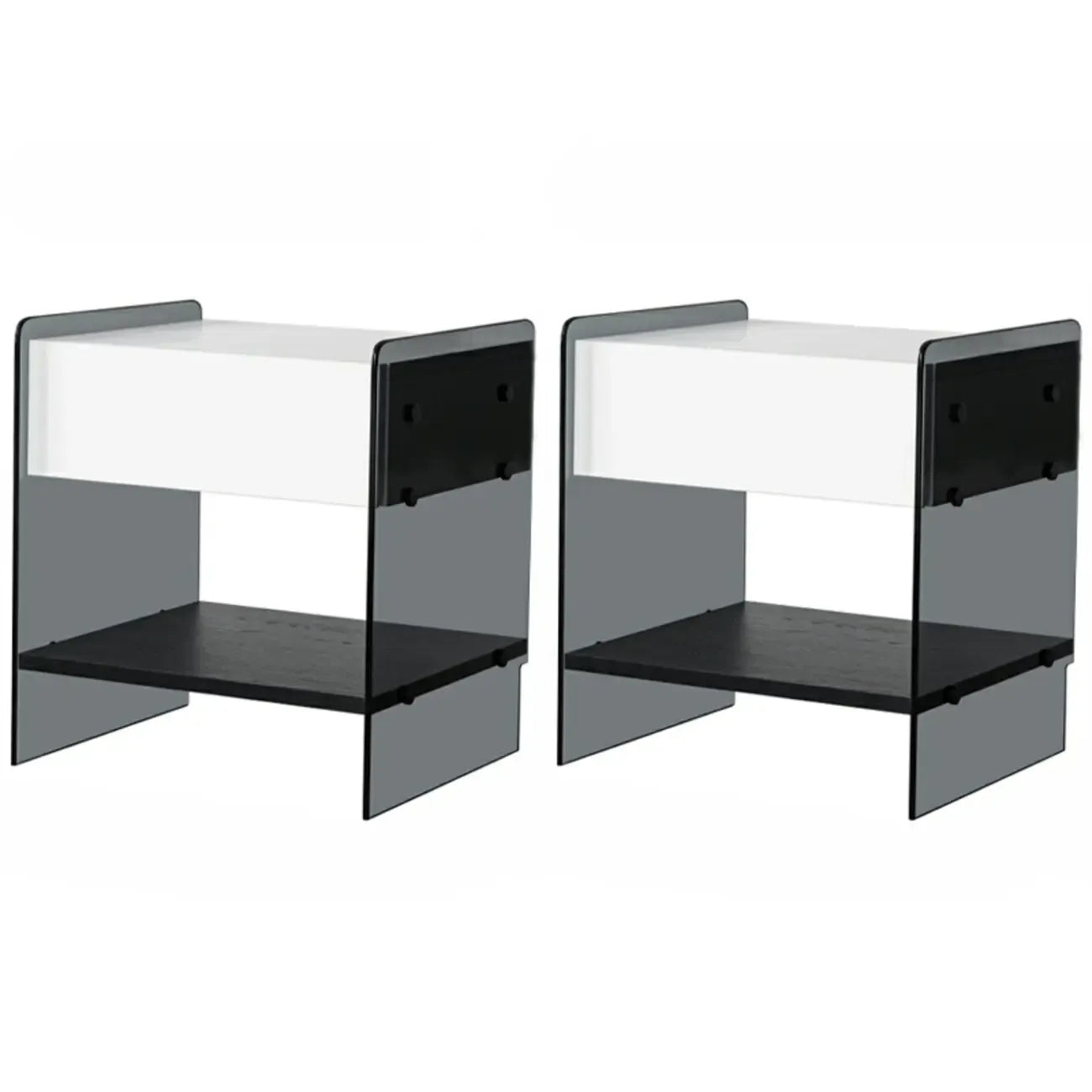 Table de chevet étroite avec étagère en verre noir à 2 niveaux et tiroir de rangement