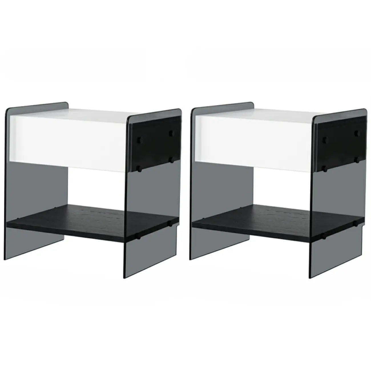 Table de chevet étroite avec étagère en verre noir à 2 niveaux et tiroir de rangement