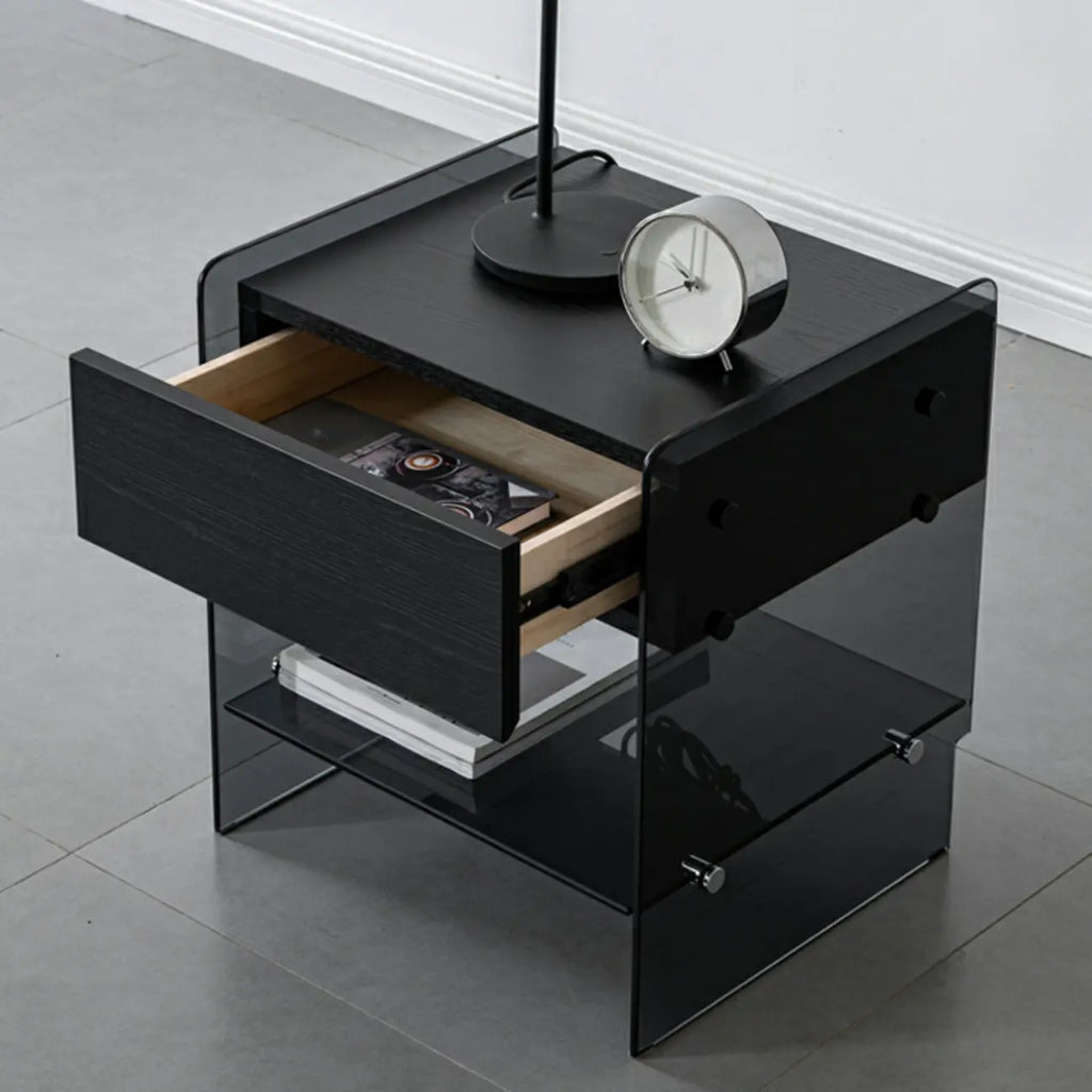 Table de chevet étroite avec étagère en verre noir à 2 niveaux et tiroir de rangement