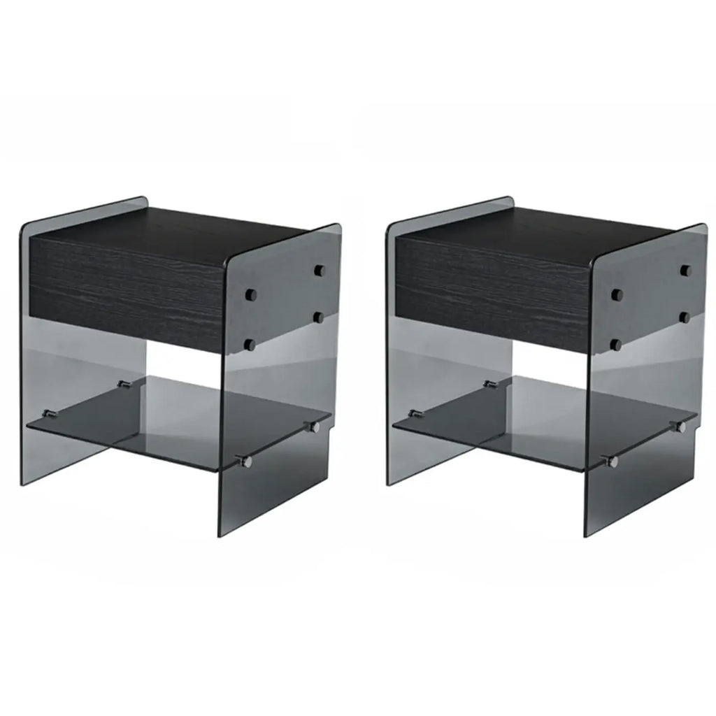 Table de chevet étroite avec étagère en verre noir à 2 niveaux et tiroir de rangement