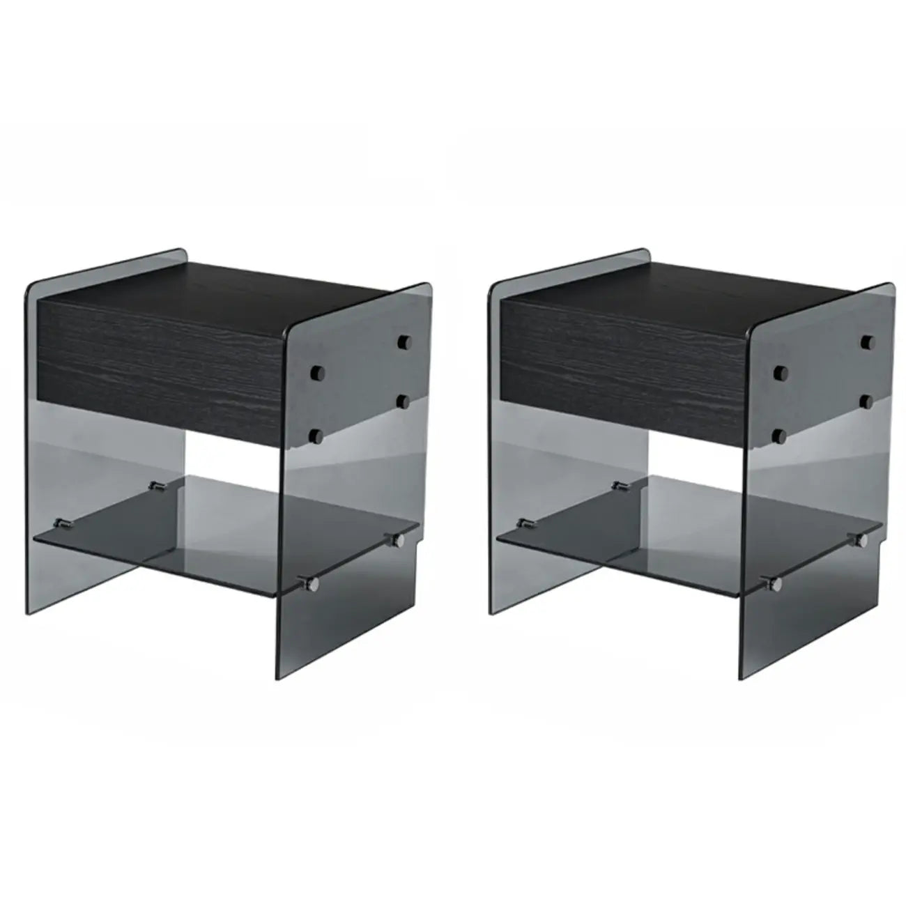 Table de chevet étroite avec étagère en verre noir à 2 niveaux et tiroir de rangement