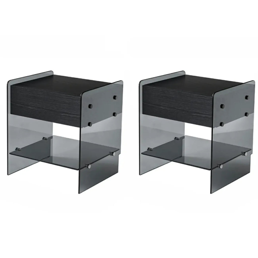 Table de chevet étroite avec étagère en verre noir à 2 niveaux et tiroir de rangement