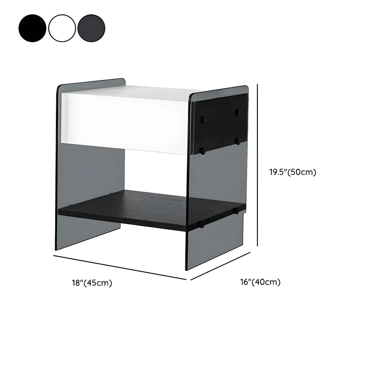Table de chevet étroite avec étagère en verre noir à 2 niveaux et tiroir de rangement