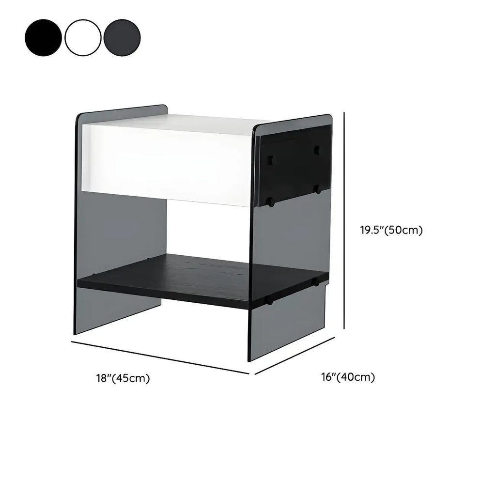 Table de chevet étroite avec étagère en verre noir à 2 niveaux et tiroir de rangement