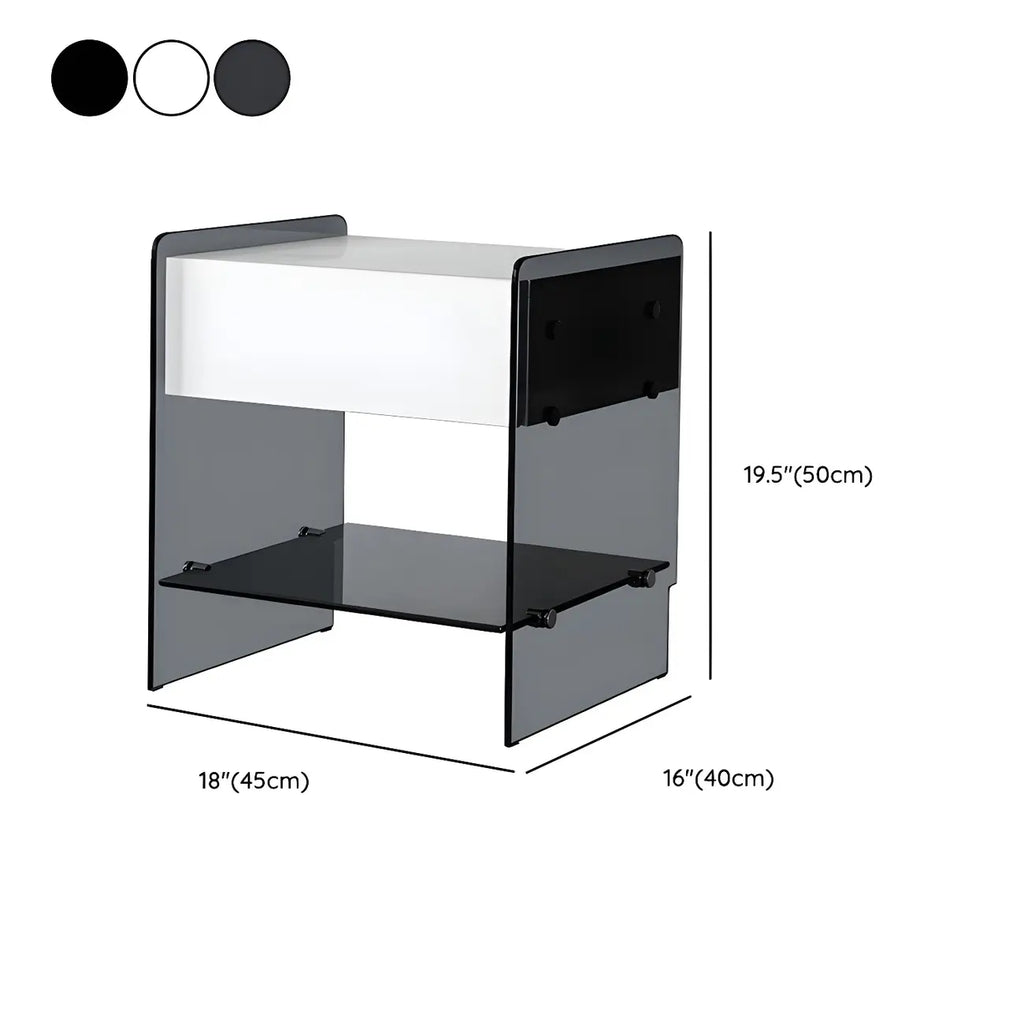 Table de chevet étroite avec étagère en verre noir à 2 niveaux et tiroir de rangement