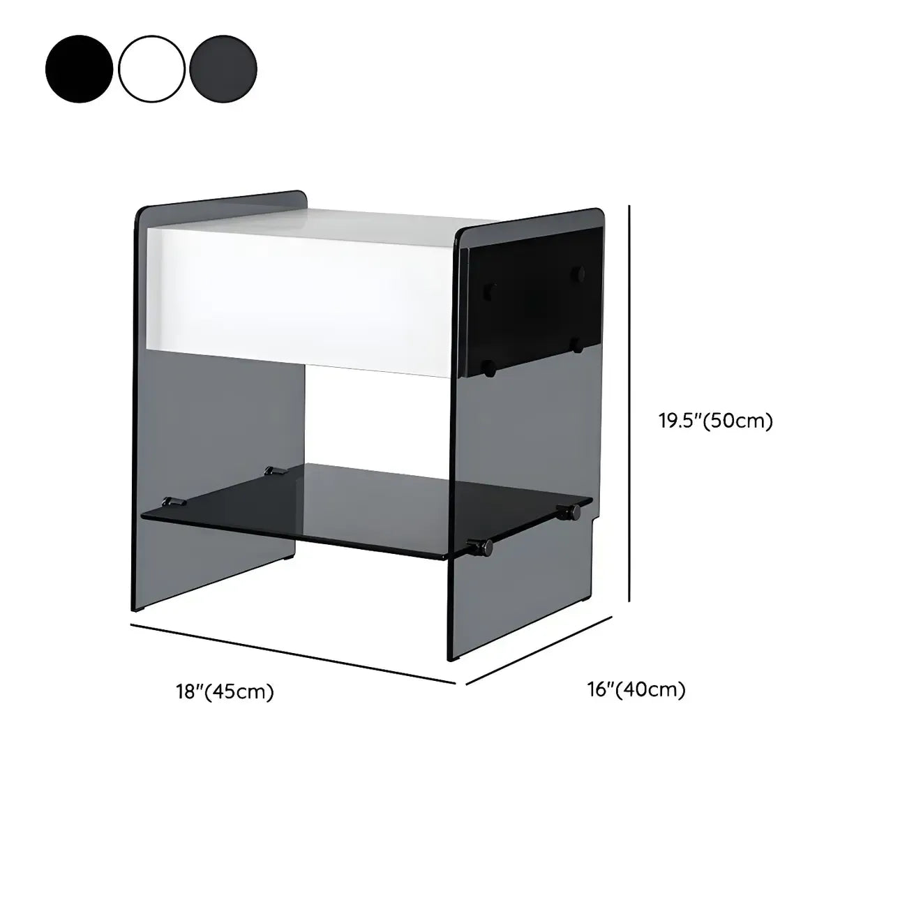 Table de chevet étroite avec étagère en verre noir à 2 niveaux et tiroir de rangement