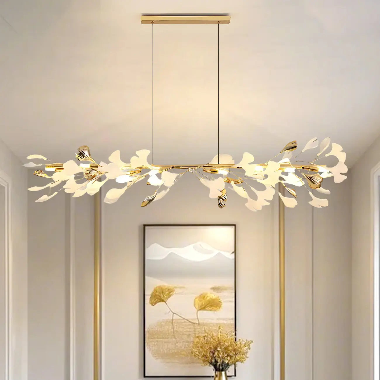 Lampadario da isola moderno regolabile a 8 luci a foglia, bianco