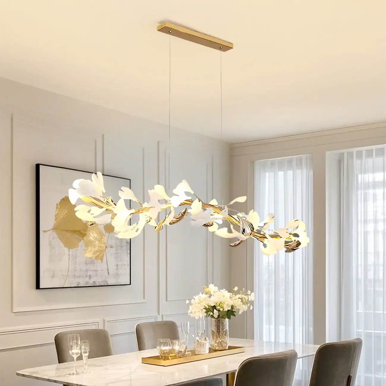 Lampadario da isola moderno regolabile a 8 luci a foglia, bianco