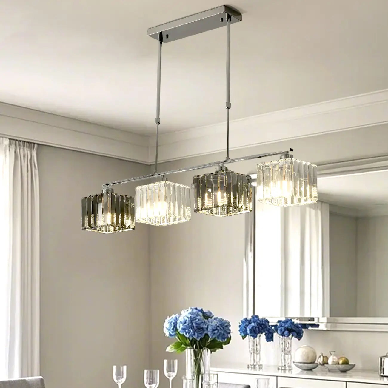 Suspension moderne en verre avec structure métallique pour îlot de cuisine
