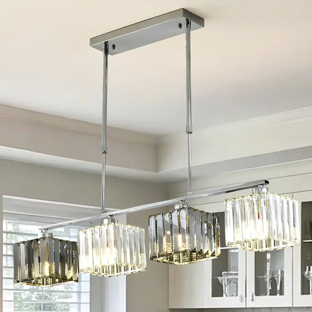 Suspension moderne en verre avec structure métallique pour îlot de cuisine