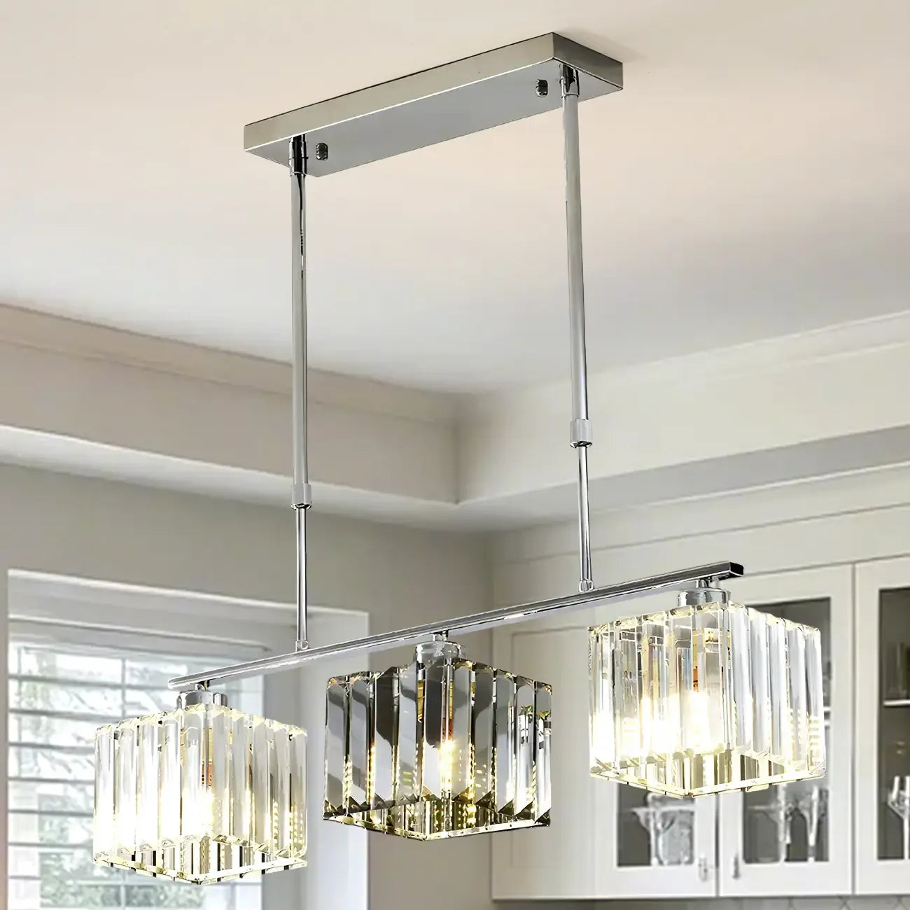 Suspension moderne en verre avec structure métallique pour îlot de cuisine