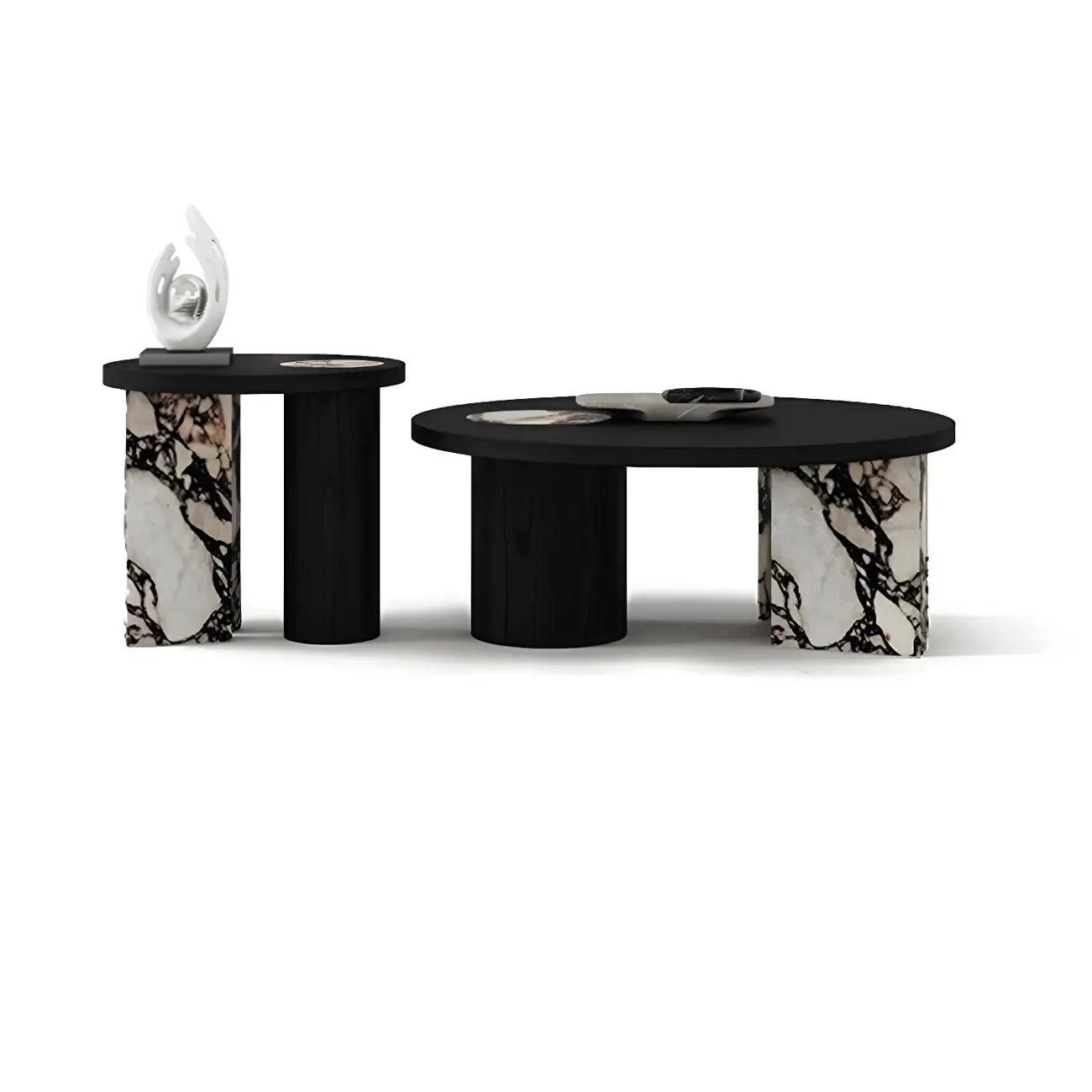 Table basse ronde moderne en bois à double piétement noir