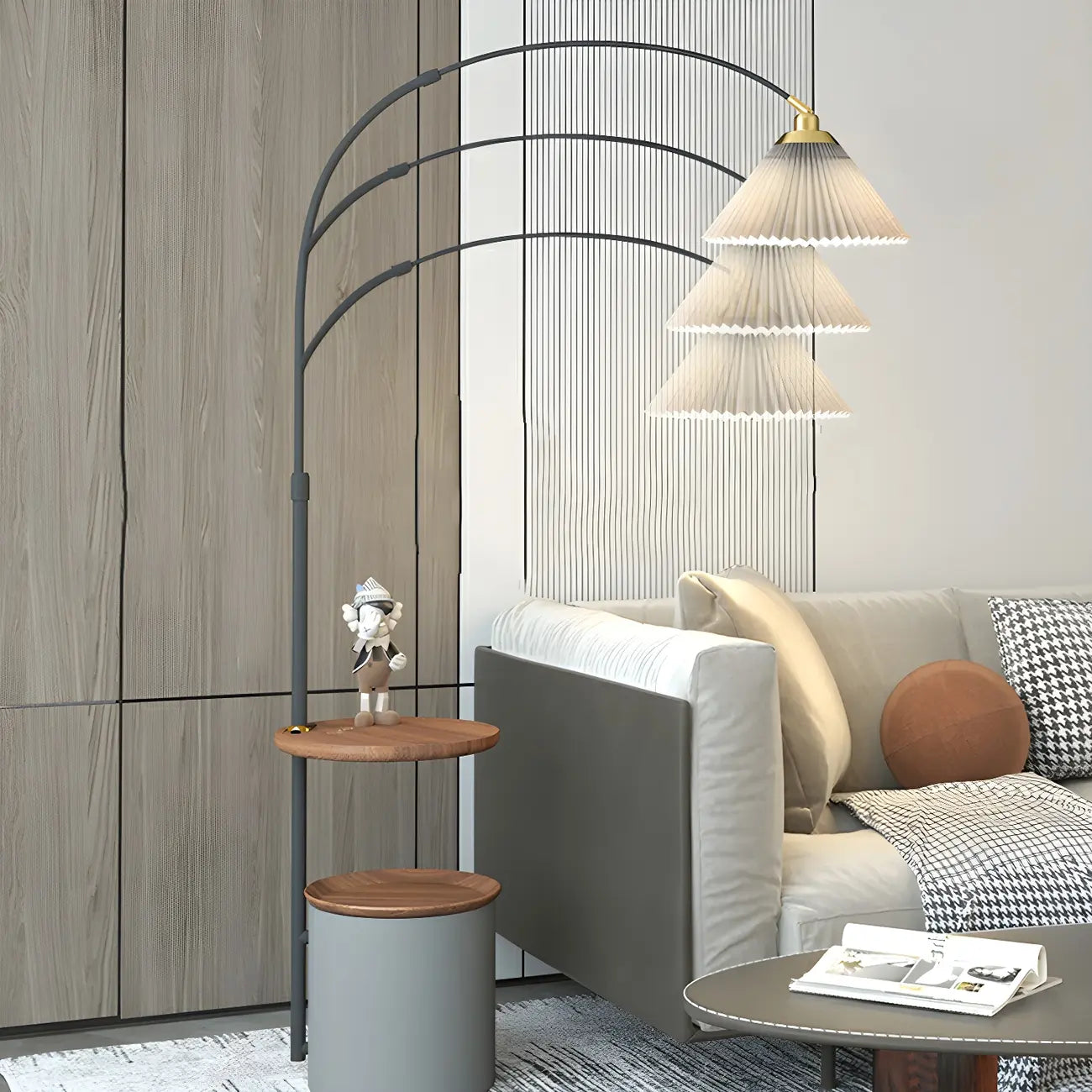 71Lampada ad arco in legno con ripiano portaoggetti per soggiorno