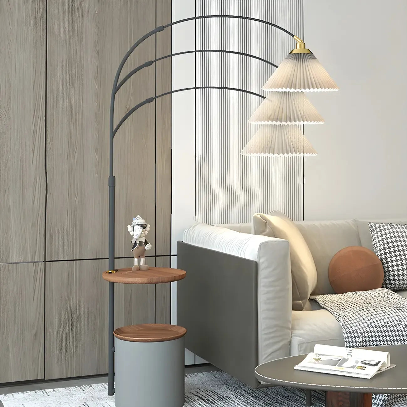 71Lampada ad arco in legno con ripiano portaoggetti per soggiorno