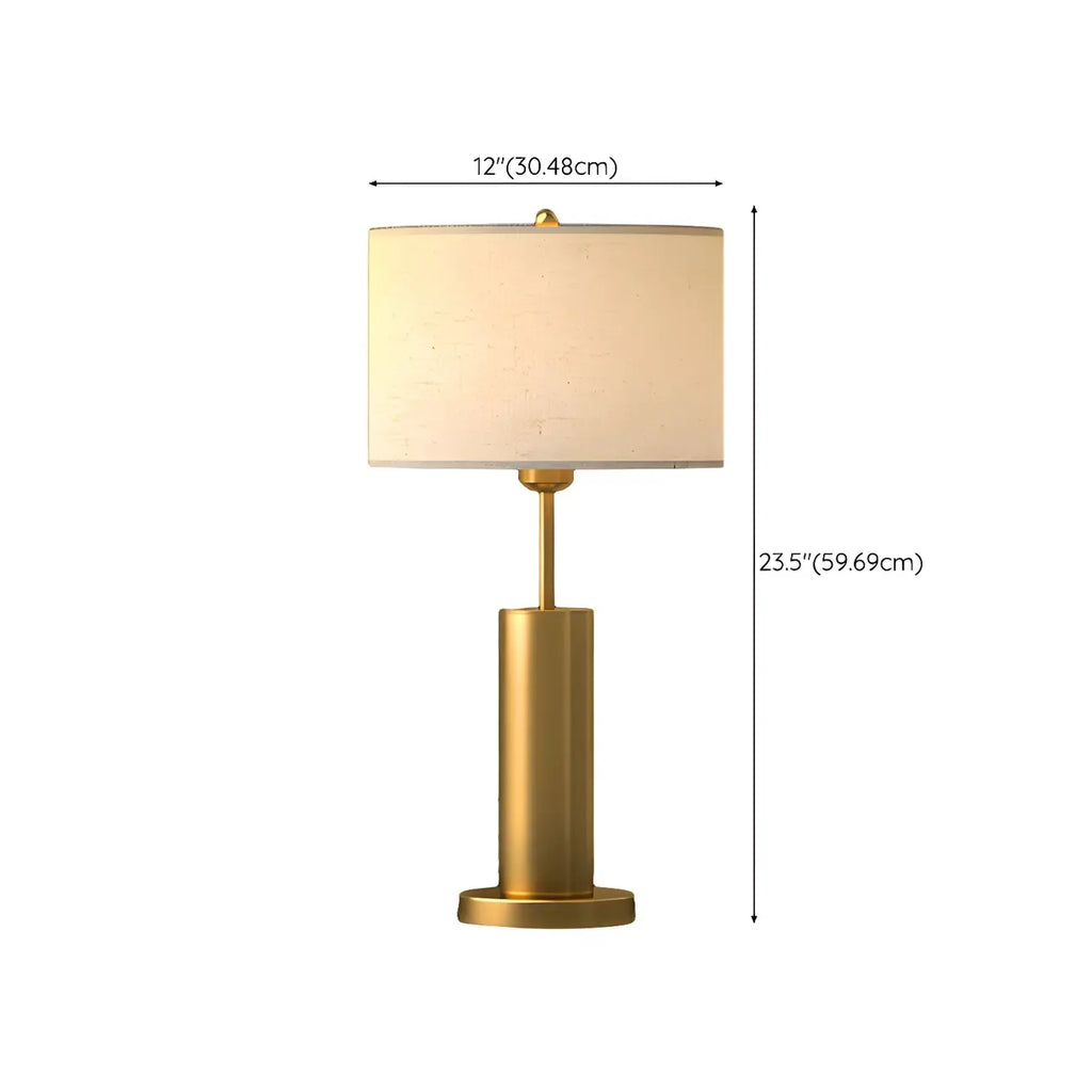 Lampe de table en forme de tonneau, en métal doré et tissu, à brancher