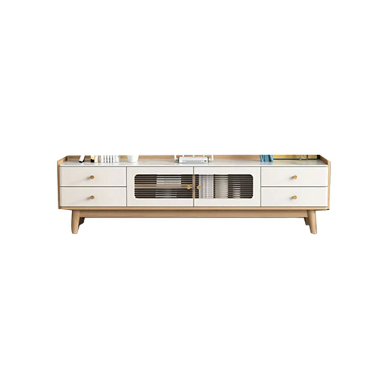 Mobile porta TV con ante in vetro, in legno bianco, moderno, 63 pollici