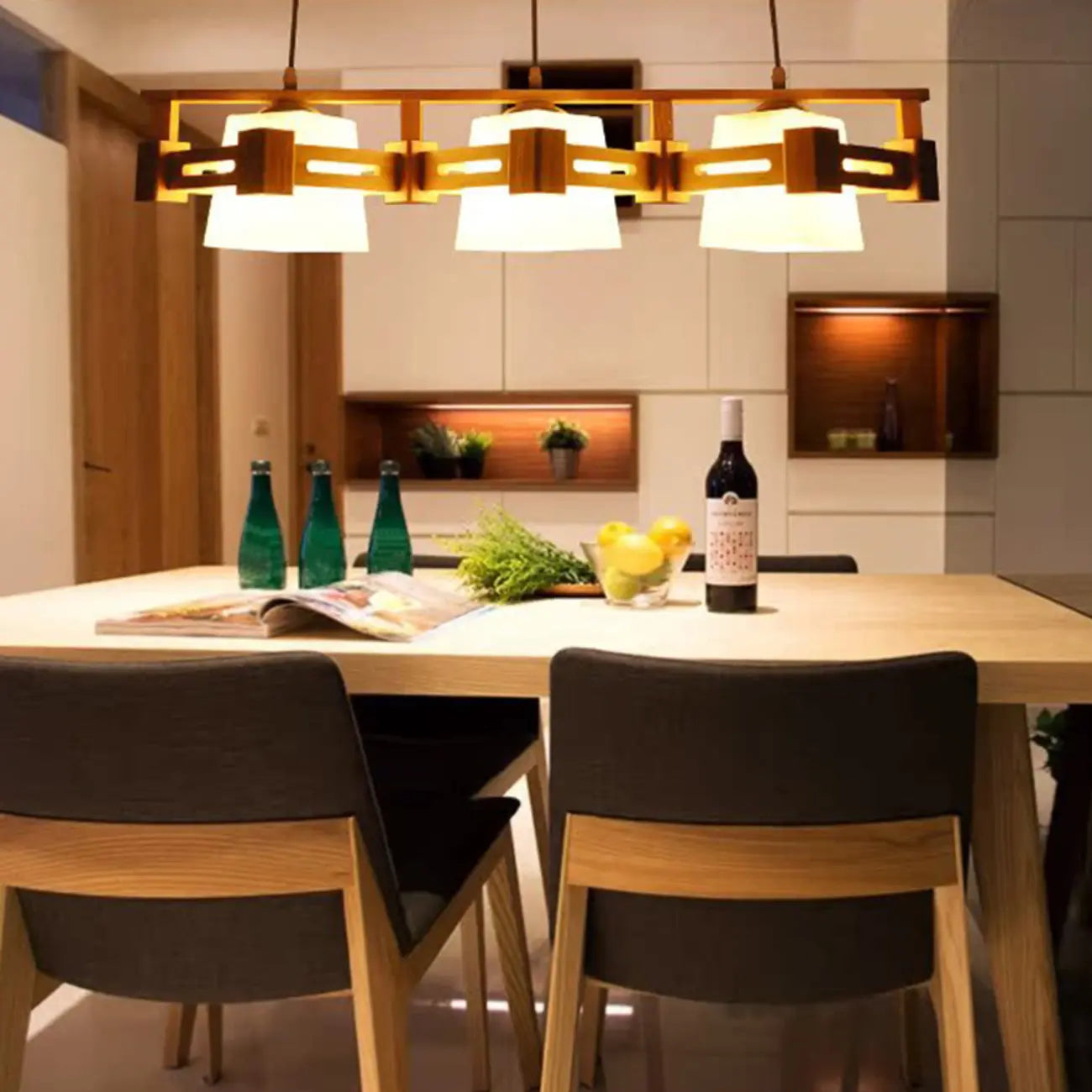 Lampadario a sospensione regolabile grande in legno a LED per isola cucina