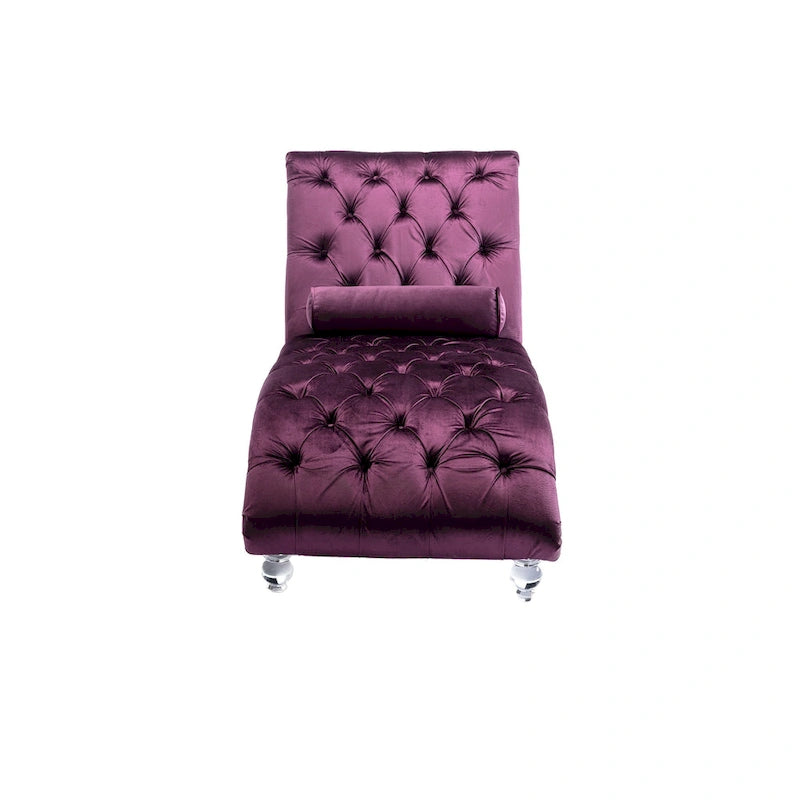Chaise longue capitonnée violette avec oreiller et pieds en acrylique