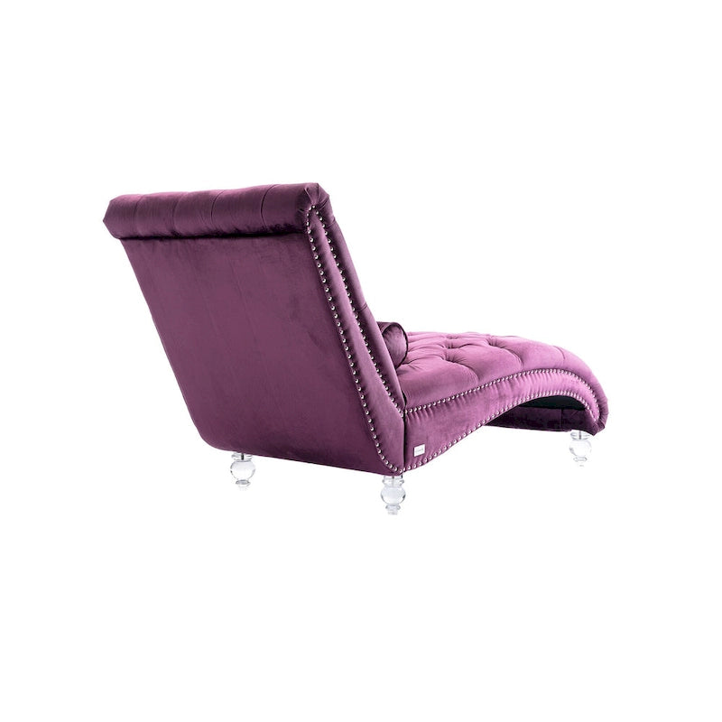Chaise longue capitonnée violette avec oreiller et pieds en acrylique