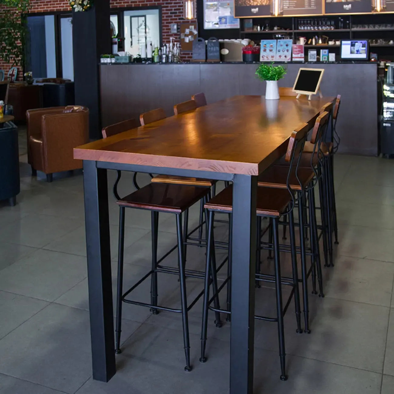 Tables de bar rectangulaires à 4 pieds en bois brun industriel et fer noir