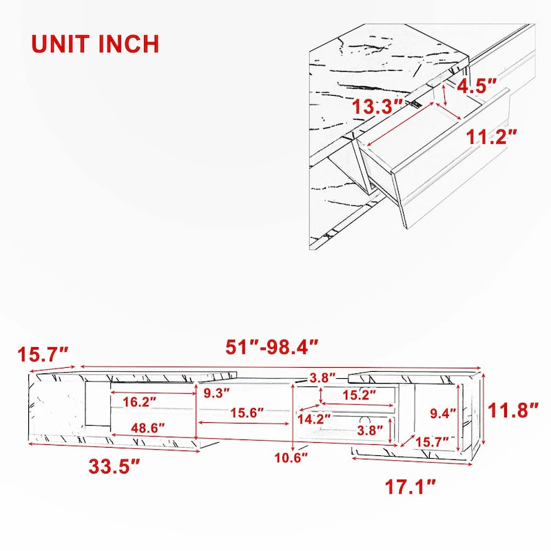 Meuble TV Extensible avec 2 Tiroirs et 4 Étagères