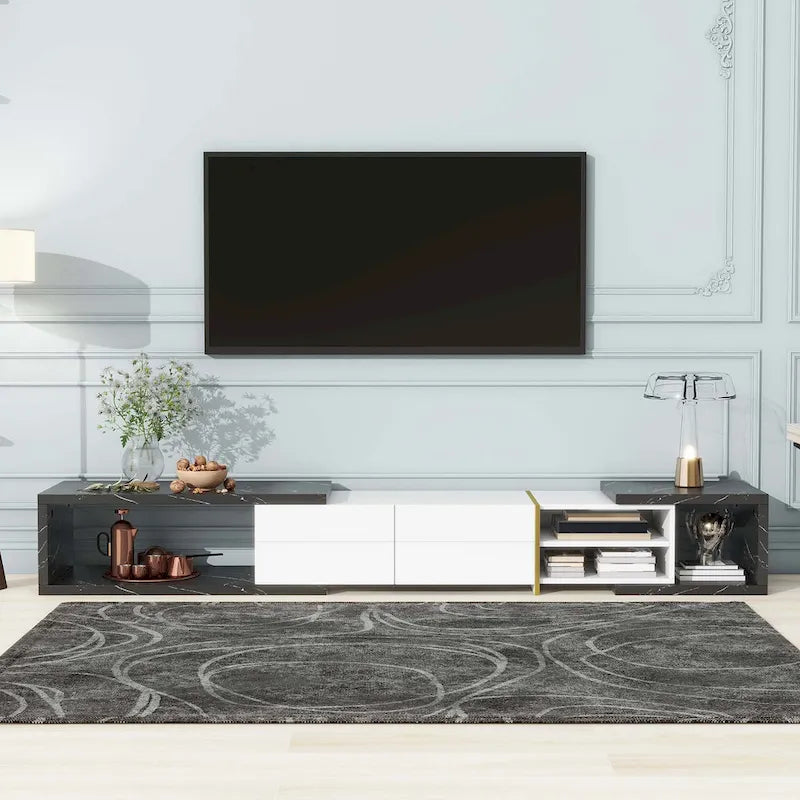 Meuble TV Extensible avec 2 Tiroirs et 4 Étagères