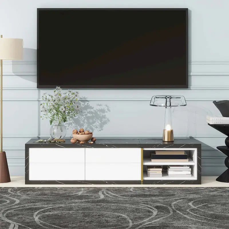 Meuble TV Extensible avec 2 Tiroirs et 4 Étagères