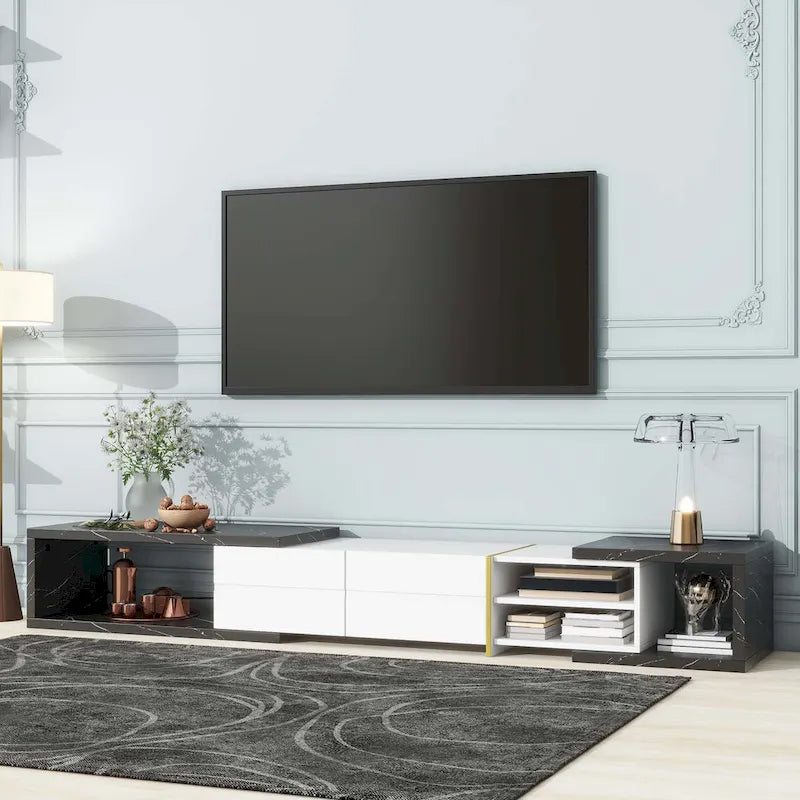 Meuble TV Extensible avec 2 Tiroirs et 4 Étagères