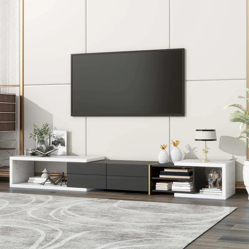 Meuble TV Extensible avec 2 Tiroirs et 4 Étagères