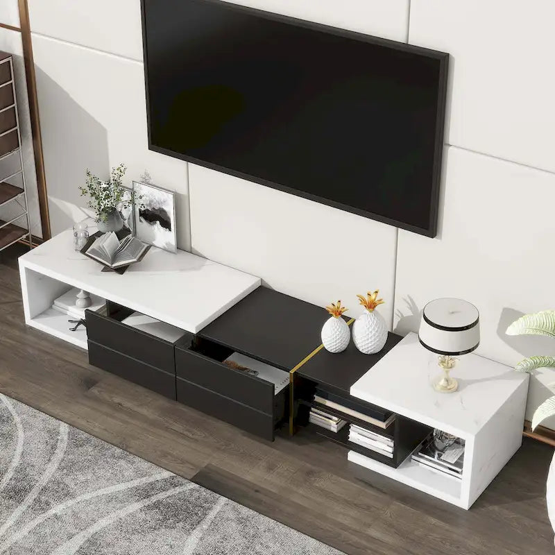 Meuble TV Extensible avec 2 Tiroirs et 4 Étagères