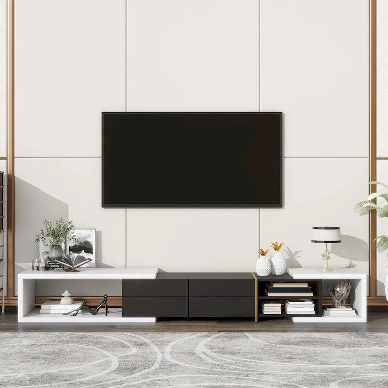 Meuble TV Extensible avec 2 Tiroirs et 4 Étagères