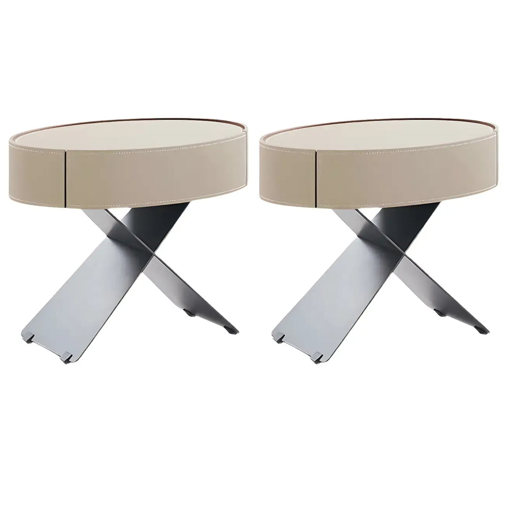Table de chevet ovale contemporaine en cuir beige avec piètement en X et tiroir