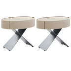 Table de chevet ovale contemporaine en cuir beige avec piètement en X et tiroir