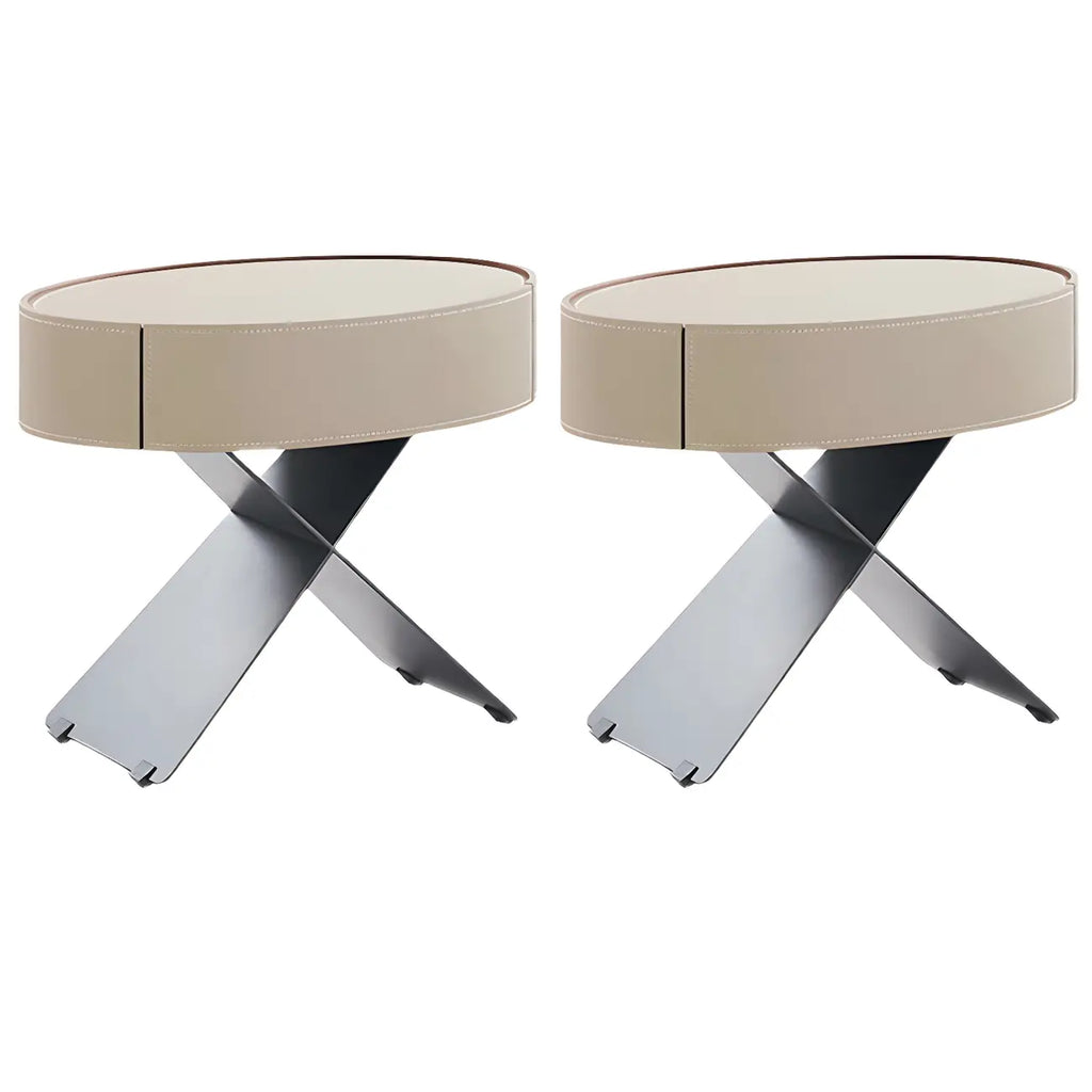 Table de chevet ovale contemporaine en cuir beige avec piètement en X et tiroir