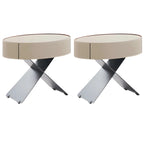 Table de chevet ovale contemporaine en cuir beige avec piètement en X et tiroir