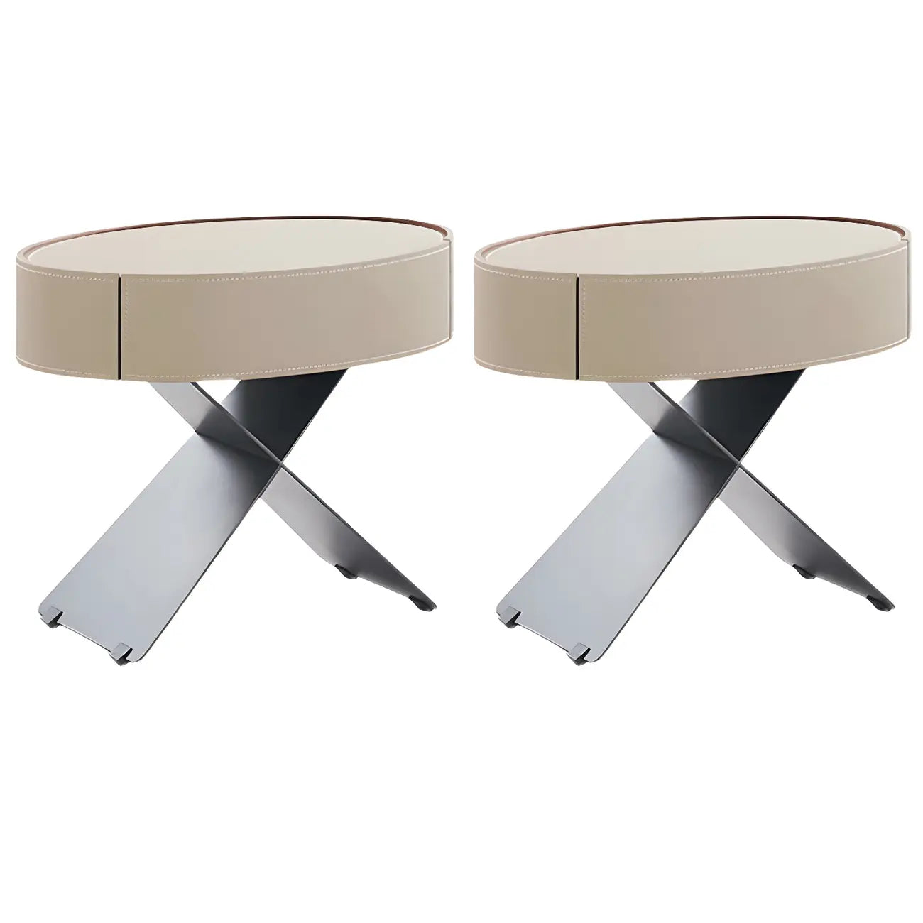 Table de chevet ovale contemporaine en cuir beige avec piètement en X et tiroir
