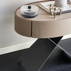 Table de chevet ovale contemporaine en cuir beige avec piètement en X et tiroir