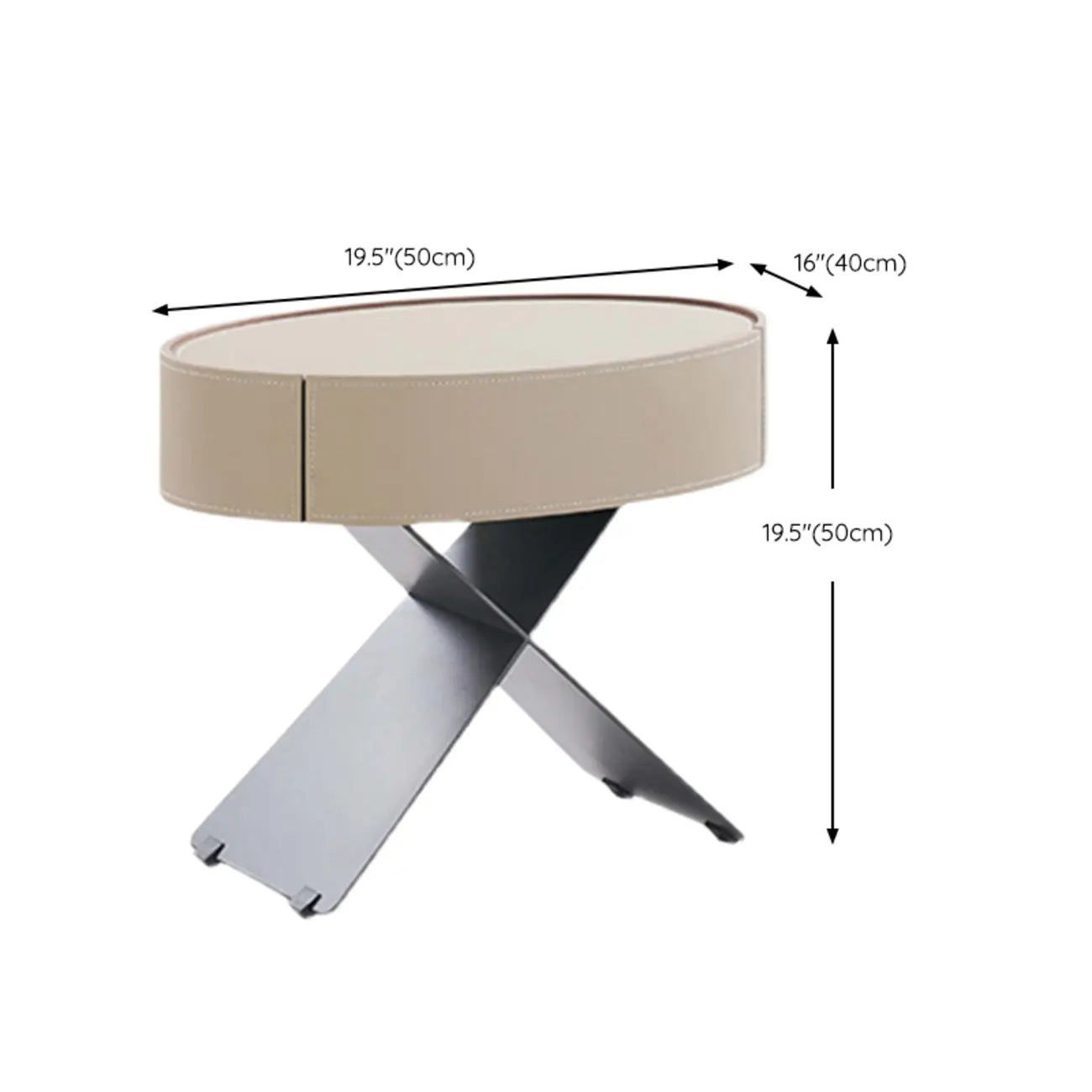 Table de chevet ovale contemporaine en cuir beige avec piètement en X et tiroir
