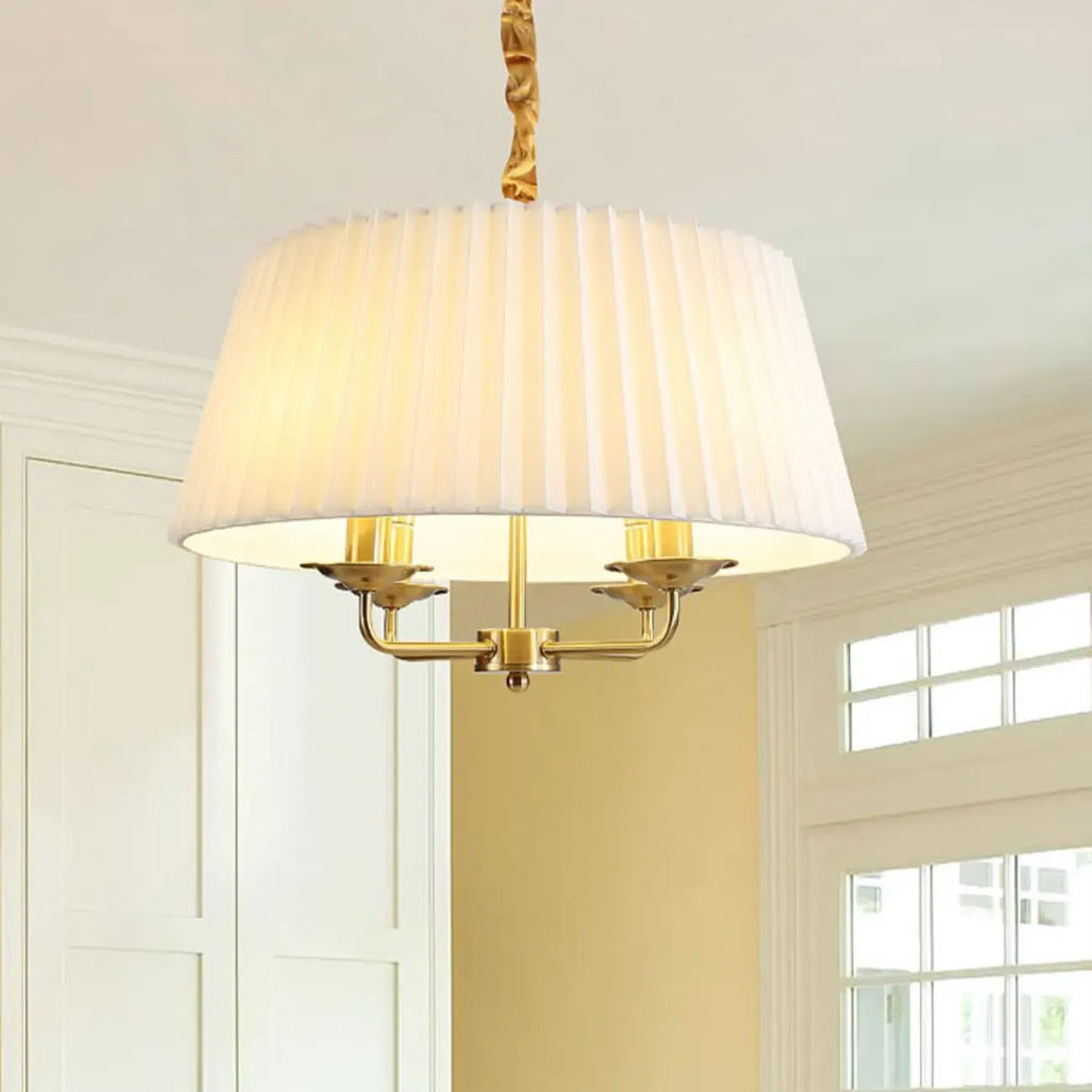 Lustre tambour plissé moderne or et blanc, hauteur réglable