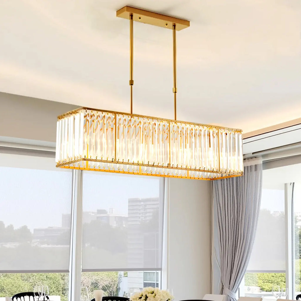 Suspension rectangulaire de luxe en cristal doré pour îlot de lumière