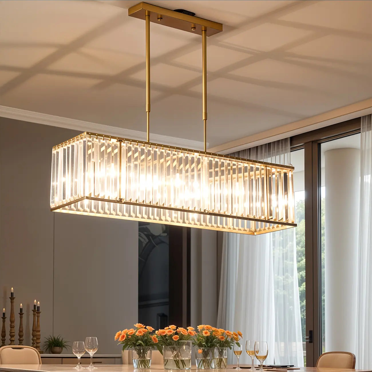 Suspension rectangulaire de luxe en cristal doré pour îlot de lumière