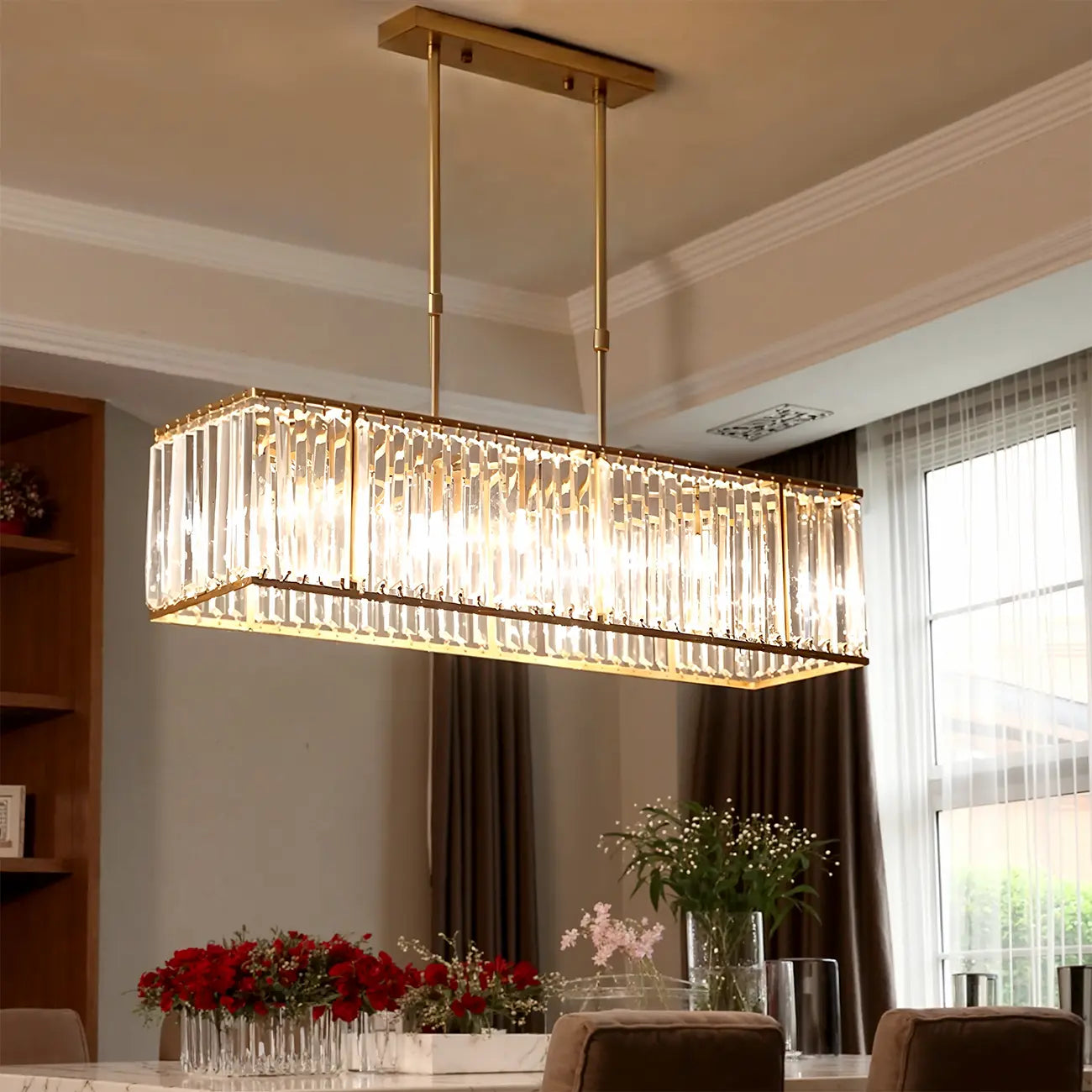 Suspension rectangulaire de luxe en cristal doré pour îlot de lumière