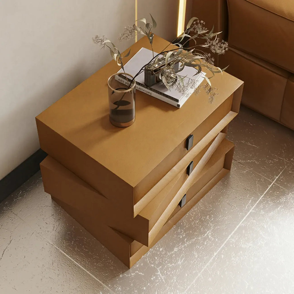 Table de chevet compacte à 3 tiroirs superposés en similicuir orange