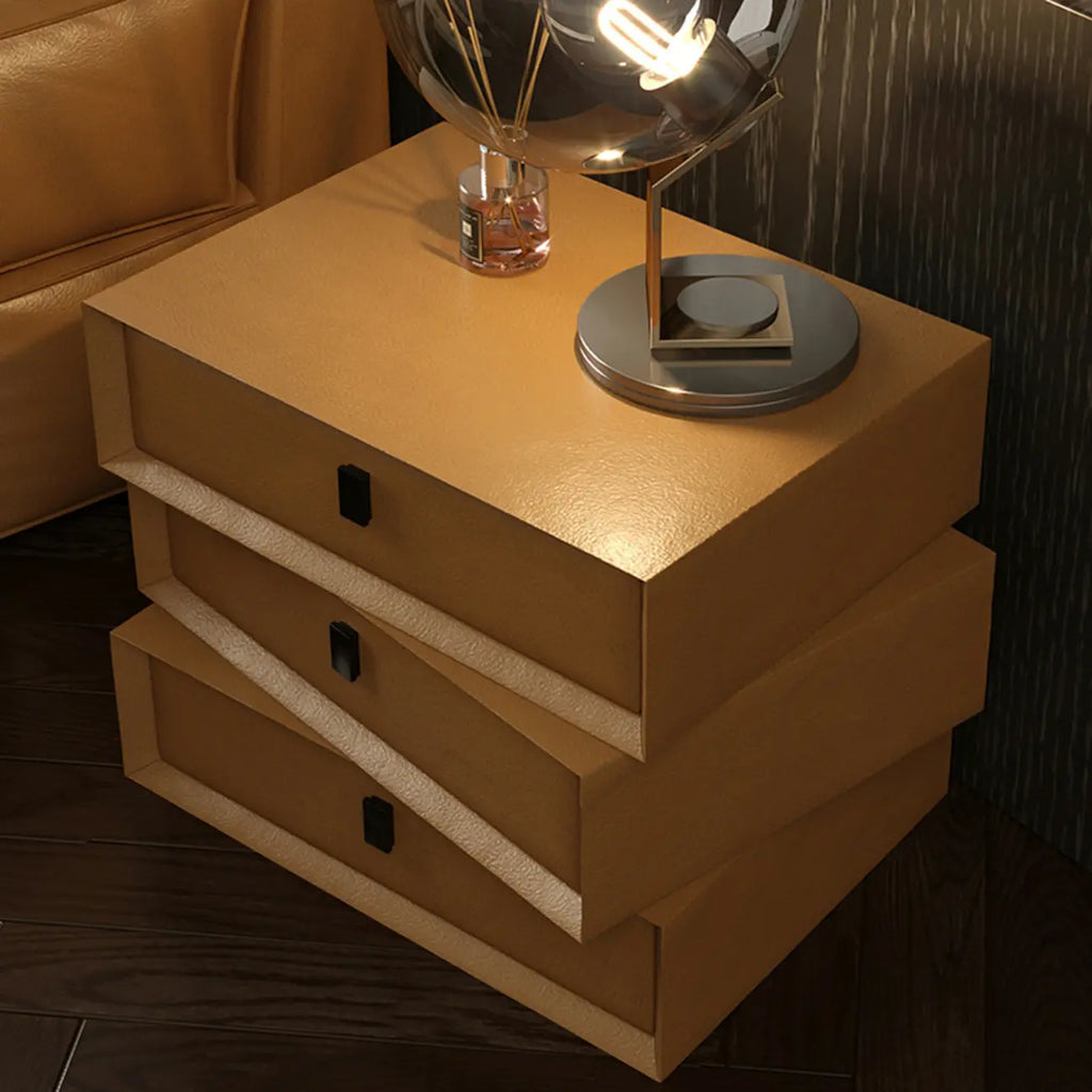 Table de chevet compacte à 3 tiroirs superposés en similicuir orange