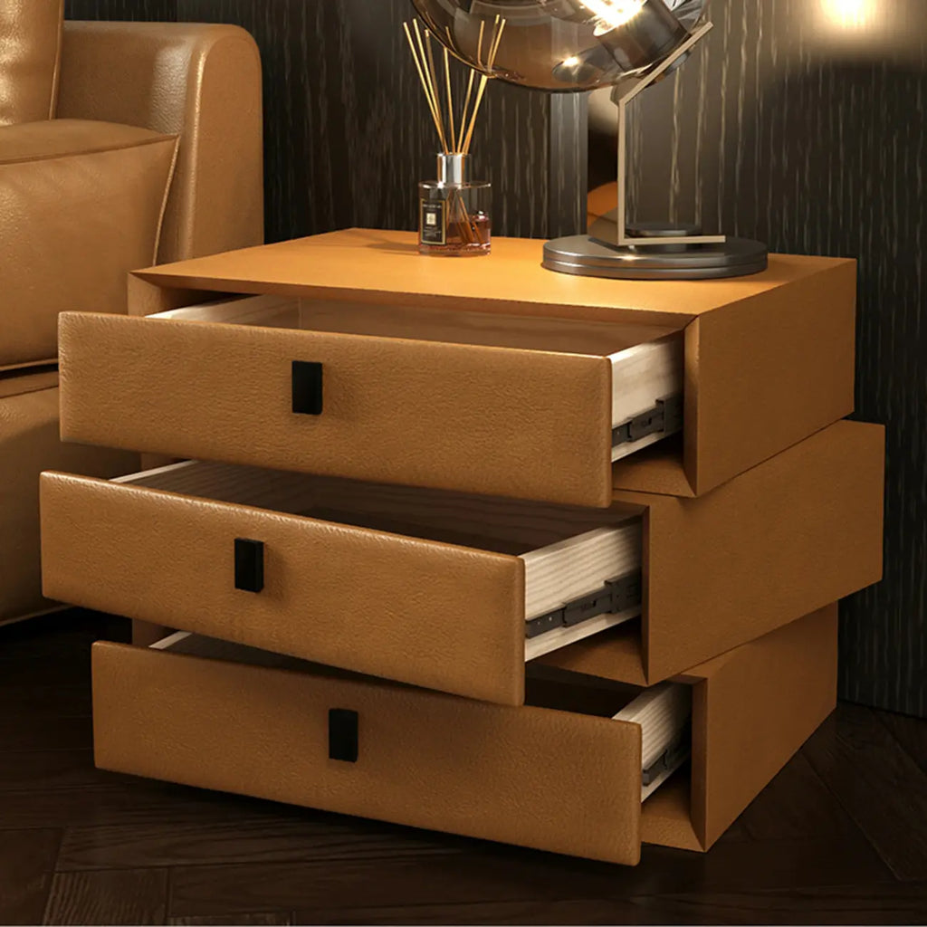 Table de chevet compacte à 3 tiroirs superposés en similicuir orange